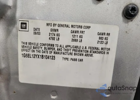 2001 Cadillac Eldorado Esc z USA, uszkodzony, nr VIN 1G6EL12YX1B104123